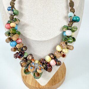 Vintage Mexican Pottery Mugs Cups Glass Beads Necklace Hand Painted